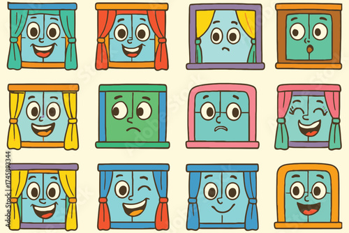 Collection of cartoon windows with different facial expressions and emotions on a light background