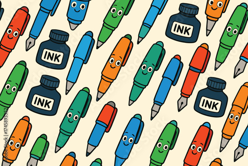 Seamless pattern of colorful cartoon fountain pens and ink bottles with happy faces