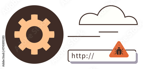 Gear symbol, cloud outline, and URL box with malware alert triangle visualizing cybersecurity, network risk, bug detection, website safety, data protection, system analysis, simple flat metaphor