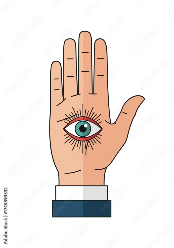 Fototapeta premium Mystical Flat Vector Hand With Allseeing Eye Symbol