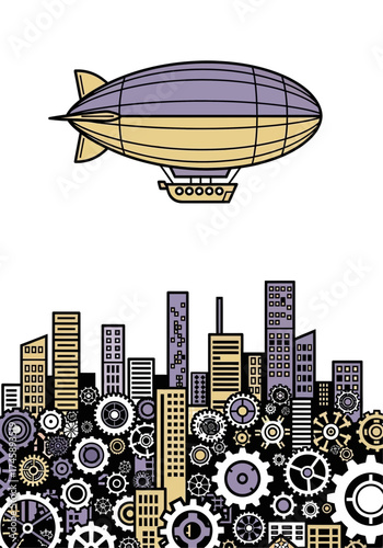 Industrial City Skyline With Airship and Gears