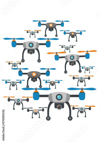 Flat Vector Illustration of Many Modern Flying Drones