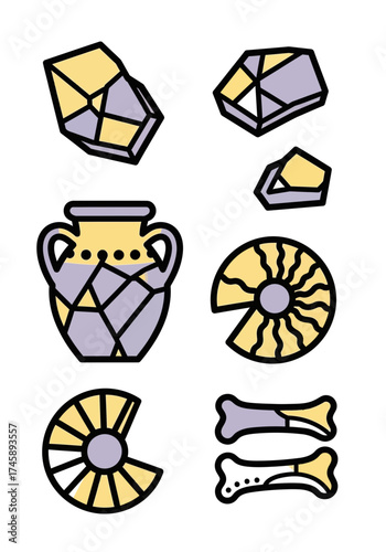 Flat Vector Illustration of Ancient Artifacts and Fossils