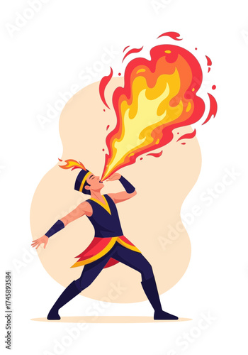 Dynamic Flat Vector Illustration of a Fire Breather