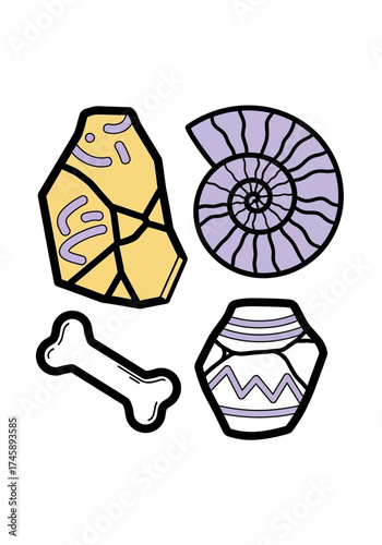 Cartoon Flat Ancient Artifacts and Prehistoric Fossils Set