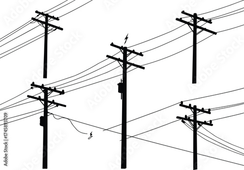 Silhouette of electric power poles with cables and transformers, vector illustration of rural electricity distribution network on white background.