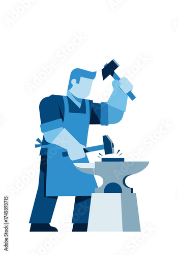 Flat Geometric Vector Illustration of Blacksmith Forging Metal