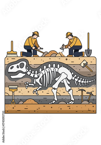 Paleontologists Excavating Dinosaur Skeleton Flat Vector Illustration