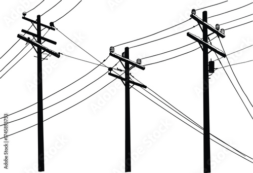 Silhouette of electric power poles with high voltage wires, vector illustration of electricity transmission, industrial infrastructure, energy distribution system, safety concept.