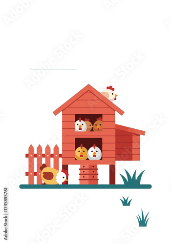 Cute Flat Vector Illustration of Chickens in Coop