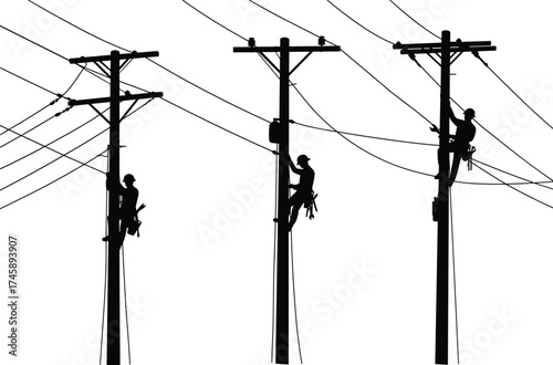 Silhouette of electrical line workers climbing utility poles, repairing high voltage power lines, teamwork safety concept, energy maintenance illustration.