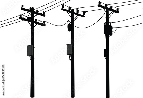 Silhouette of electric utility poles with transformer boxes and power lines, high voltage electricity network, urban energy infrastructure, black and white vector illustration.