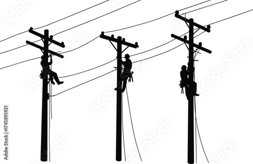 Silhouette of electrical line workers climbing utility poles, repairing power cables, high voltage maintenance, teamwork safety concept, electricity service illustration.