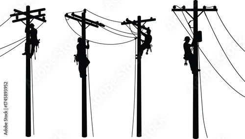 Silhouette of electrical workers climbing utility poles, repairing power lines, maintenance teamwork, energy service safety concept, electricity distribution infrastructure illustration.