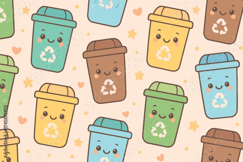 Cute kawaii recycling bins with happy faces seamless pattern illustration
