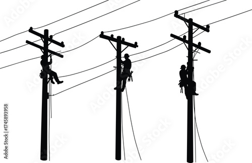 Silhouette of electrical workers climbing utility poles, repairing power lines, high voltage maintenance, electricity distribution teamwork concept, vector illustration.
