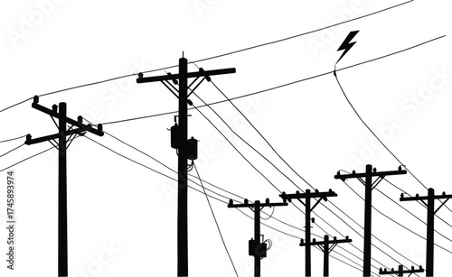 Silhouette of multiple electric power poles and transmission lines, vector illustration showing electricity distribution network on white background, energy concept.