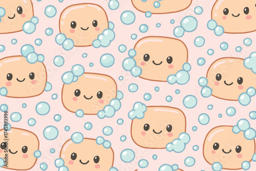 Cute kawaii soap bubbles pattern with adorable cartoon faces for kids
