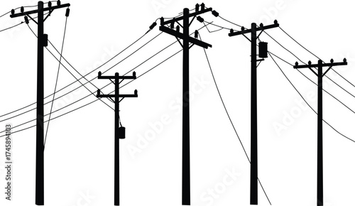 Silhouette utility poles, five pole variations, transformers and insulators, power line network, electricity distribution, urban infrastructure, black outline, voltage grid, energy system