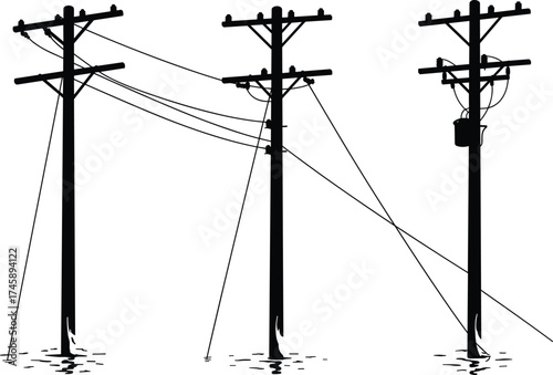 Silhouette utility poles, flooded water scene, transformers and insulators, three pole network,  