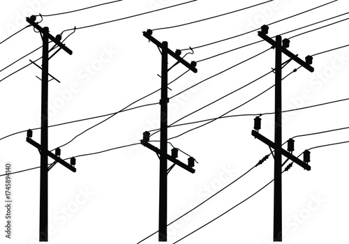 Silhouette utility poles, four pole network, crossarms and insulators, power line system, electricity distribution, urban infrastructure, black outline, voltage grid, energy system