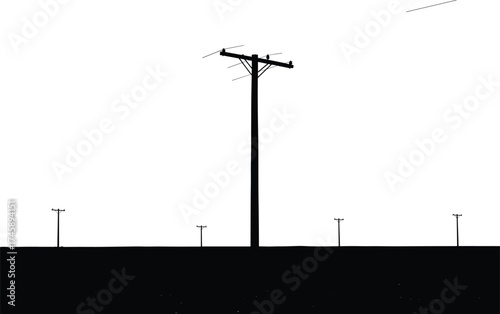 Silhouette utility poles, four pole sequence, central tall pole, crossarms and insulators, power line system, electricity distribution, black outline, voltage 