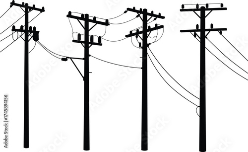 Silhouette utility poles, four pole variations, transformers and insulators, power line network, electricity distribution, urban infrastructure, black outline, voltage grid, energy system