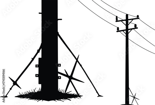 Silhouette utility poles, guy wire support, transformer and insulators, power line network, electricity distribution, urban infrastructure, black outline, voltage grid