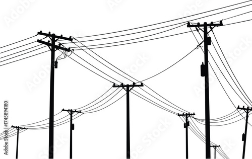 Silhouette utility poles, multiple pole sequence, geometric wire patterns, power line system, electricity distribution, urban infrastructure, black outline, voltage grid, energy