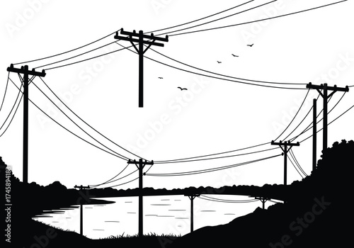Silhouette utility poles, landscape with water and trees, flying birds above wires, power line system, electricity distribution, black outline, voltage grid
