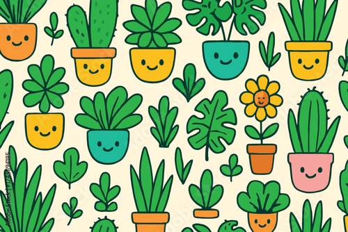 Cute kawaii houseplants in colorful pots with happy faces pattern