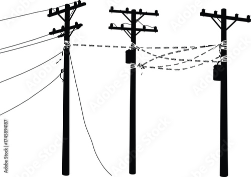 Silhouette utility poles, junction box detail, power line diagram, electricity distribution, urban infrastructure, overhead wires, black outline, voltage grid, energy system