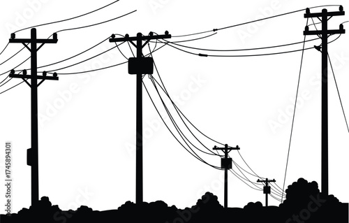 Silhouette utility poles, staggered pole heights, transformers and insulators, shrubbery landscape, power line system, electricity distribution, black outline, voltage grid, perspective