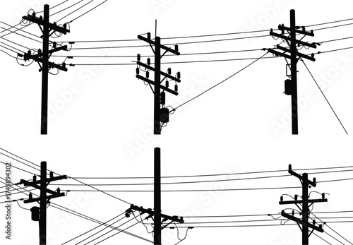 Silhouette utility poles, six pole network, transformers and insulators, power line system, electricity distribution, urban infrastructure, black outline, voltage grid, energy system