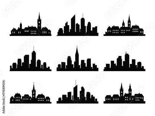 Collection of 9 black city silhouettes, combining modern skyscrapers and old European town skylines. Minimal vector set for posters, branding, web design, and templates.