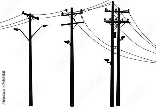 Silhouette utility poles, streetlights and surveillance cameras, perched birds on wires, three pole network, power line system, electricity distribution, black outline