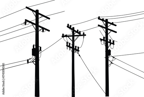 Silhouette utility poles, three pole network, transformers and insulators, power line system, electricity distribution, urban infrastructure, black outline, voltage grid, energy system