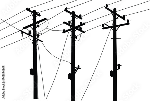 Silhouette utility poles, three pole network, transformers and junction boxes, ladder access pole, power line system, electricity distribution, black outline, voltage grid