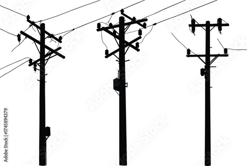 Silhouette utility poles, three pole variations, transformers and insulators, crossarm configurations, power line system, electricity distribution, black outline, voltage grid, infrastructure