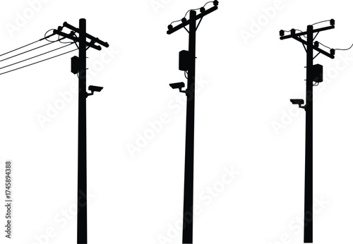 Silhouette utility poles, three pole variations, transformers and insulators, surveillance cameras, streetlight attachment, power line system, electricity distribution, black outline, voltage grid