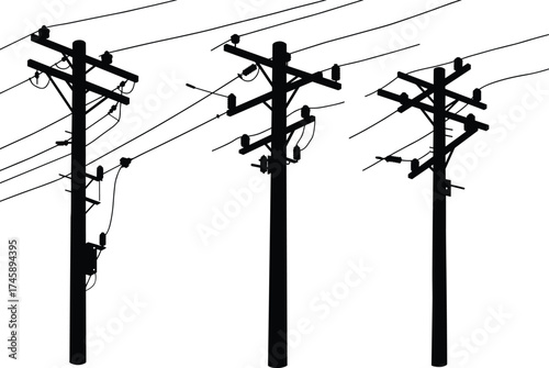 Silhouette utility poles, three pole sequence, crossarms and insulators, multiple power lines, electricity distribution, black outline, voltage grid, 