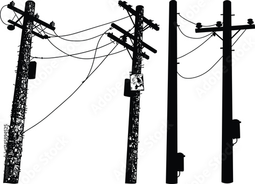 Silhouette utility poles, wooden poles and lattice tower, transformers and insulators, power line system, electricity distribution, urban infrastructure, black outline, voltage grid