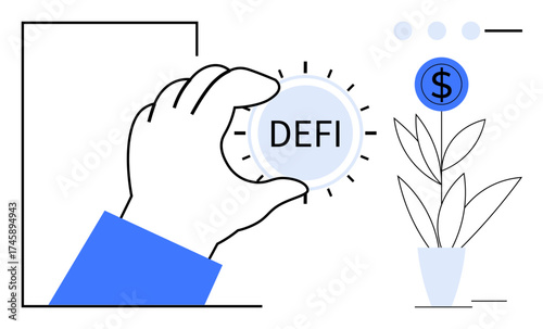 Hand holding circular DeFi token with glowing effect. Potted plant growing a dollar sign. Ideal for blockchain, decentralized finance, investment, innovation, growth, technology economy. Minimal