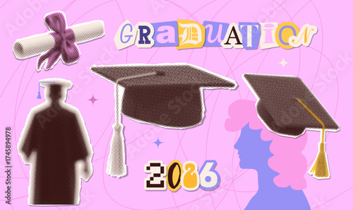 Graduation torn out vintage paper stickers pack. Halftone effect hand rolled diploma with bow, graduation cap, graduate and lettering text. Congratulation elements set. Celebrate class of 2026. Vector