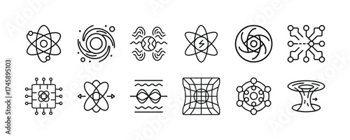 Vector art of science and technology icons representing atoms, galaxies, energy, circuits, and abstract concepts