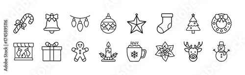 Vector art of collection of christmas icons, including candy cane, bell, string lights, ornament, star, stocking, christmas tree, wreath, fireplace, gift box, gingerbread man, candle