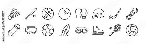 Vector art of collection of sport icons, including badminton shuttlecock, baseball bat, basketball, bowling ball, boxing gloves, helmet, golf club, rope, skateboard, goggles, soccer ball