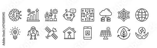 Vector art of set of technology and innovation icons, featuring artificial intelligence, data, growth, robots, circuits, cloud computing, network, globe, lightbulb, satellite, smart home
