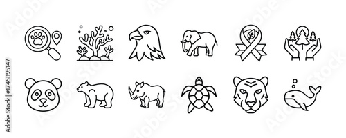 Vector art of collection of diverse animal and conservation icons, including endangered species, wildlife protection, and nature symbols
