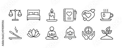 Vector art of compilation of wellness and selfcare icons, representing balance, relaxation, and inner peace, including meditation and mindfulness symbols